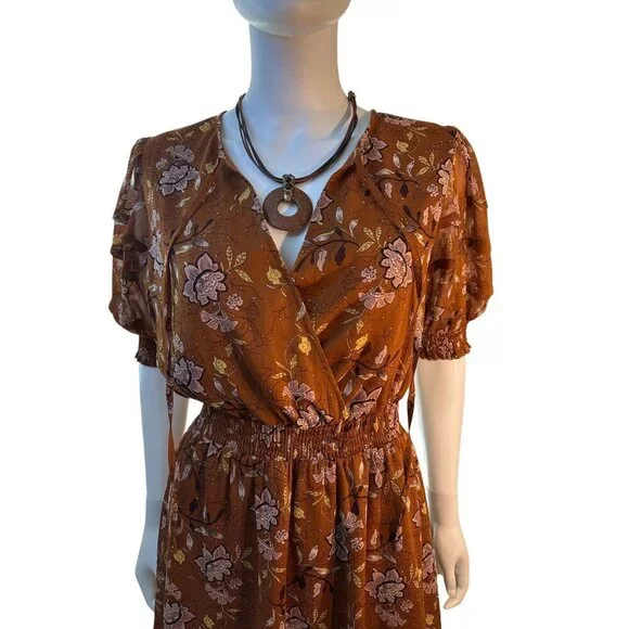Collective Concepts Floral Rust Dress  Size S  3/4 Smocked Sleeves EUC - Picture 3 of 6